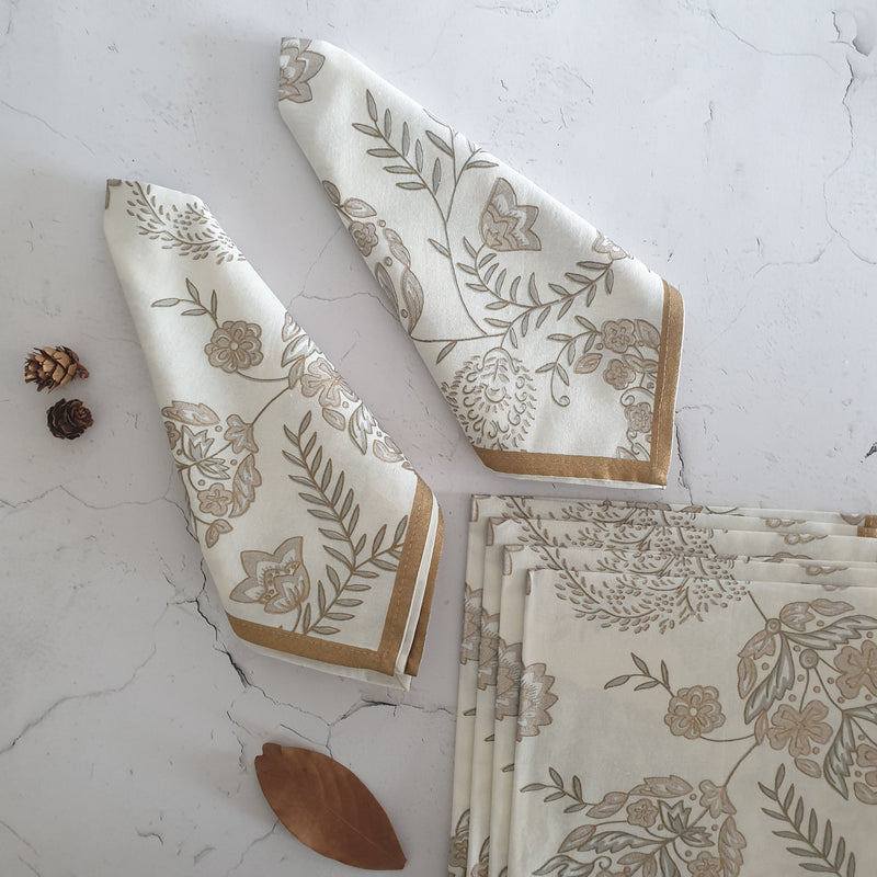 NAPKINS IN COTTON - WHITE & GOLD FLORAL (Set of 6)