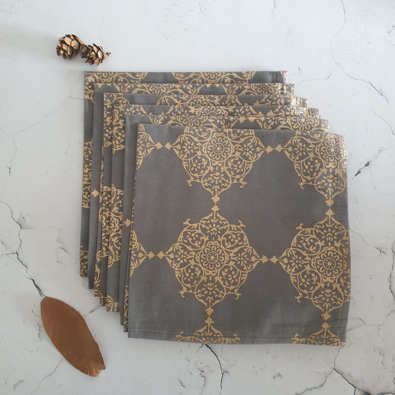 NAPKINS IN COTTON - GOLD & GREY MUGHAL (Set of 6)