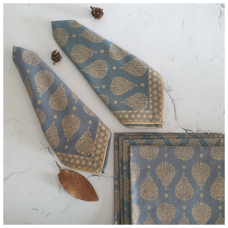 NAPKINS IN COTTON - GOLD & BLUE ORNAMENT (Set of 6)