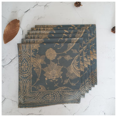 NAPKINS IN COTTON - MUGHAL GOLD & GREY FLORAL (Set of 6)