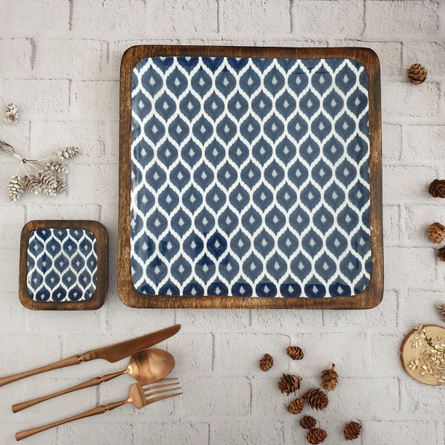 SQUARE PLATTER WITH BOWL - BLUE & WHITE IKAT