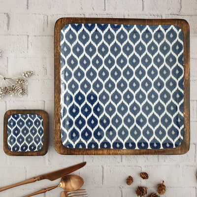 SQUARE PLATTER WITH BOWL - BLUE & WHITE IKAT