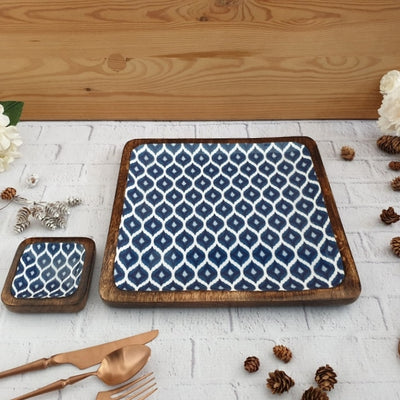 SQUARE PLATTER WITH BOWL - BLUE & WHITE IKAT