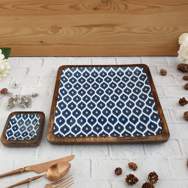 SQUARE PLATTER WITH BOWL - BLUE & WHITE IKAT