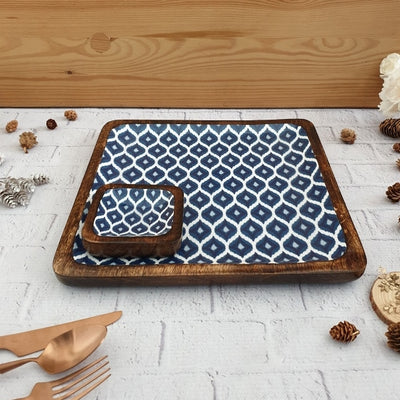 SQUARE PLATTER WITH BOWL - BLUE & WHITE IKAT