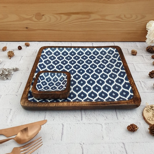 SQUARE PLATTER WITH BOWL - BLUE & WHITE IKAT