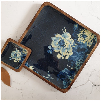 SQUARE PLATTER WITH BOWL - DENIM BLUE FLORAL