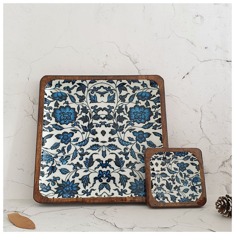 SQUARE PLATTER WITH BOWL - INDIGO BLUE FLORAL