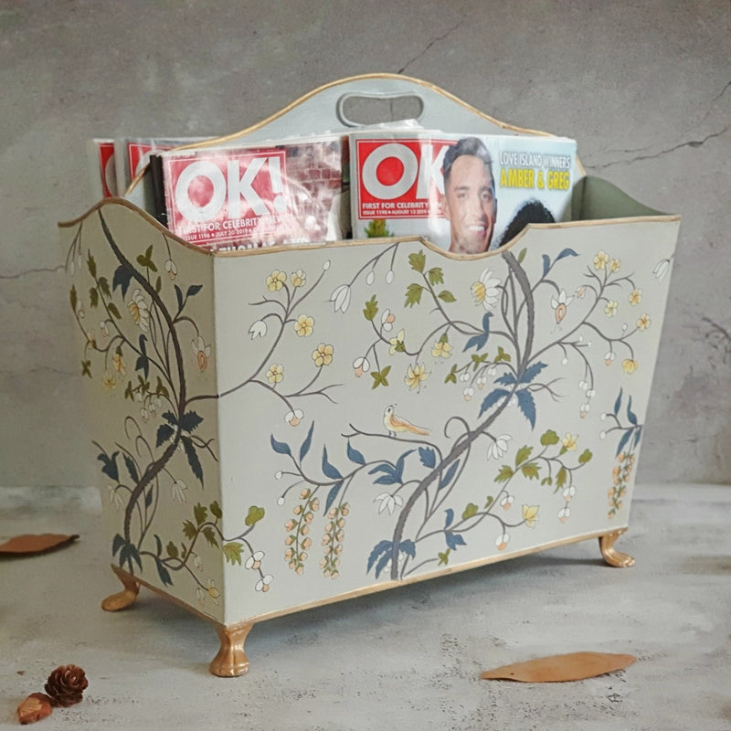 HAND PAINTED - MAGAZINE RACK - GREY BLOSSOM
