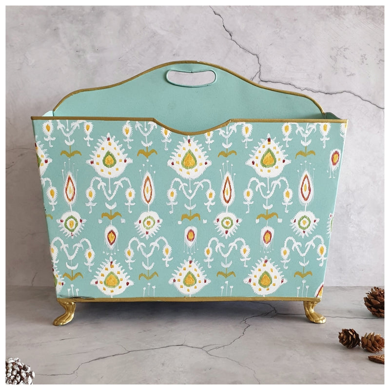 HAND PAINTED - MAGAZINE RACK - IKAT MINT