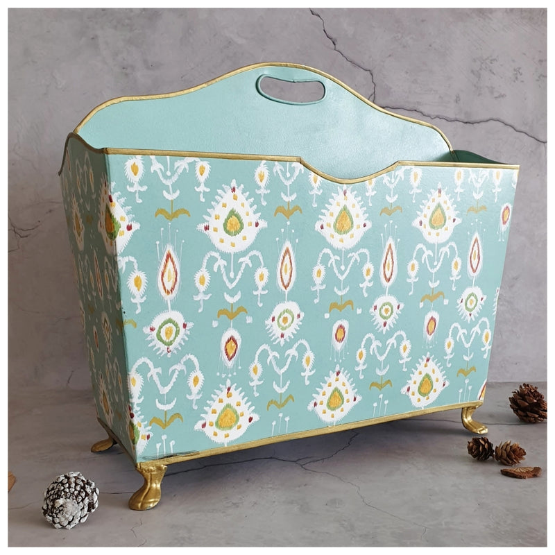 HAND PAINTED - MAGAZINE RACK - IKAT MINT