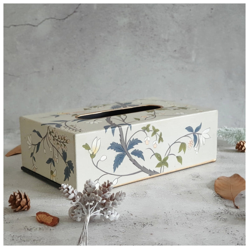 HAND PAINTED - TISSUE BOX - GREY BLOSSOM