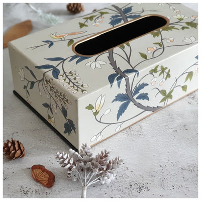 HAND PAINTED - TISSUE BOX - GREY BLOSSOM