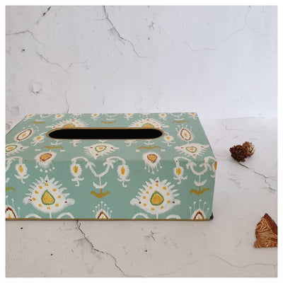 HAND PAINTED - TISSUE BOX - IKAT FLORAL MINT