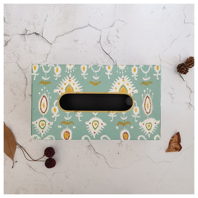 HAND PAINTED - TISSUE BOX - IKAT FLORAL MINT