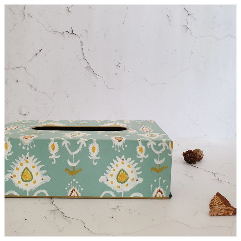 HAND PAINTED - TISSUE BOX - IKAT FLORAL MINT