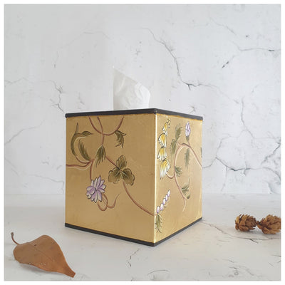 HAND PAINTED - TISSUE BOX TALL - GOLDEN LEAF