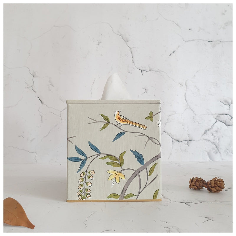 HAND PAINTED - TISSUE BOX TALL - GREY BLOSSOM