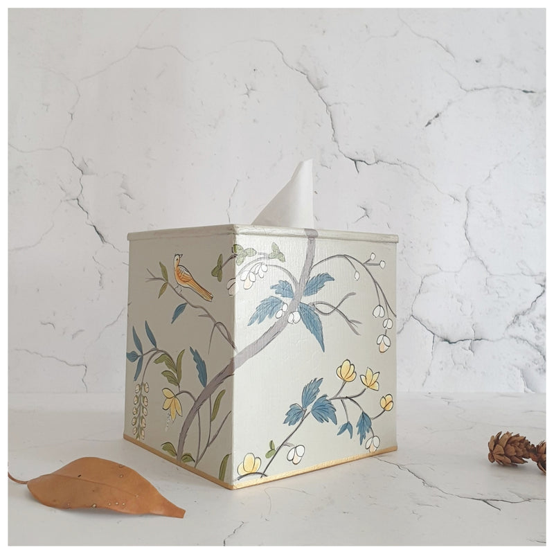 HAND PAINTED - TISSUE BOX TALL - GREY BLOSSOM