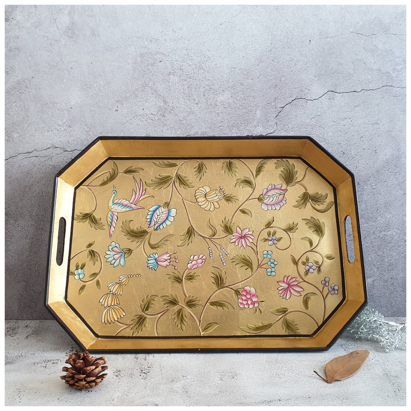 HAND PAINTED - SERVING TRAY OCTAGONAL - GOLDEN LEAF