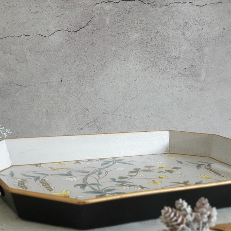 HAND PAINTED - SERVING TRAY OCTAGONAL - GREY BLOSSOM