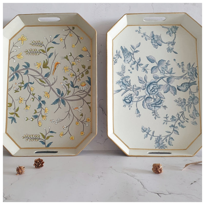 HAND PAINTED - SERVING TRAY OCTAGONAL - WHITE SUMMER