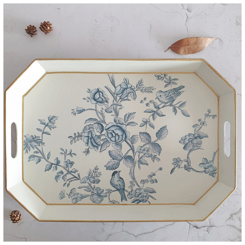 HAND PAINTED - SERVING TRAY OCTAGONAL - WHITE SUMMER