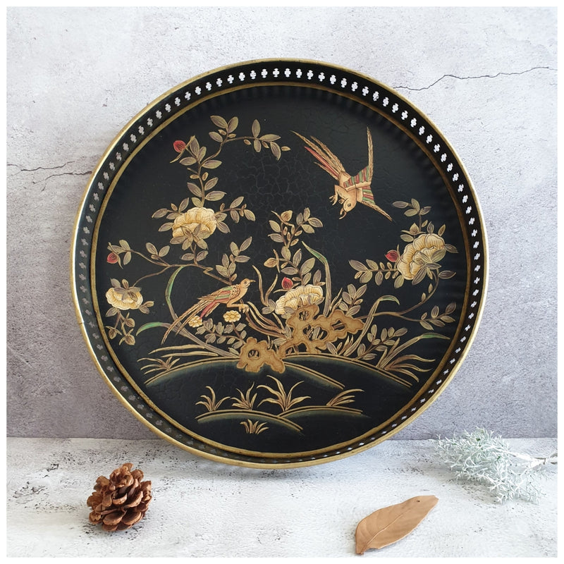 HAND PAINTED - SERVING TRAY ROUND LARGE - ENGLISH VINTAGE GARDEN