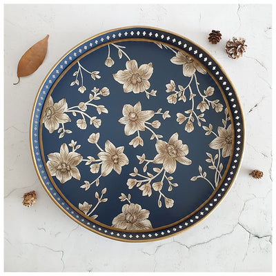 HAND PAINTED - SERVING TRAY ROUND LARGE - BLOOMING HIBISCUS DESIGN