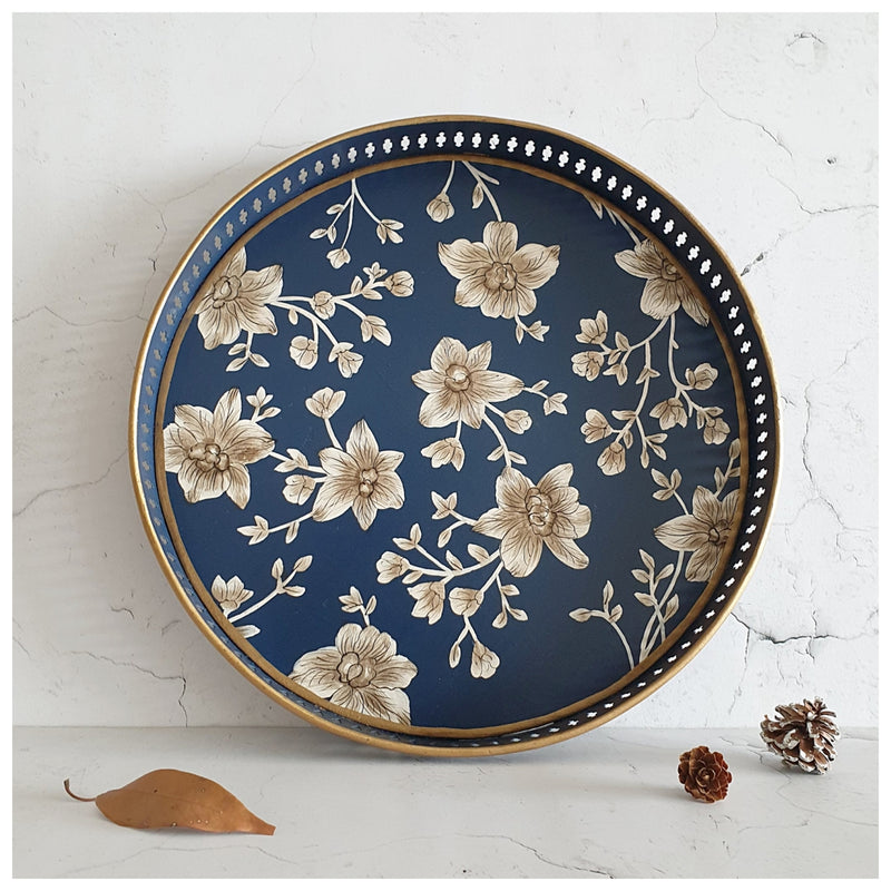 HAND PAINTED - SERVING TRAY ROUND LARGE - BLOOMING HIBISCUS DESIGN