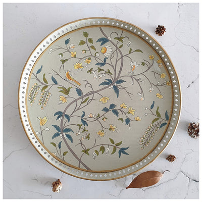 HAND PAINTED - SERVING TRAY ROUND LARGE - GREY BLOSSOM