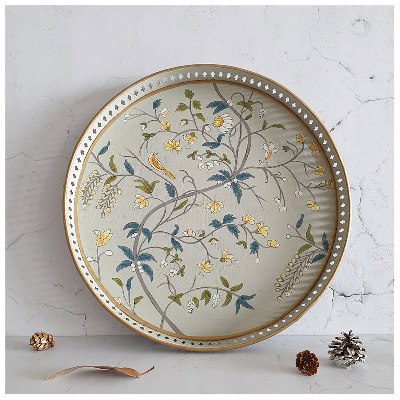 HAND PAINTED - SERVING TRAY ROUND LARGE - GREY BLOSSOM