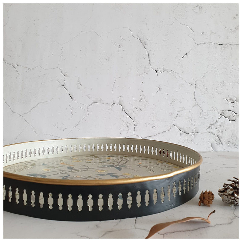 HAND PAINTED - SERVING TRAY ROUND LARGE - GREY BLOSSOM