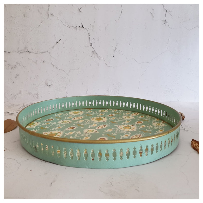 HAND PAINTED - SERVING TRAY ROUND LARGE - IKAT MINT FLORAL
