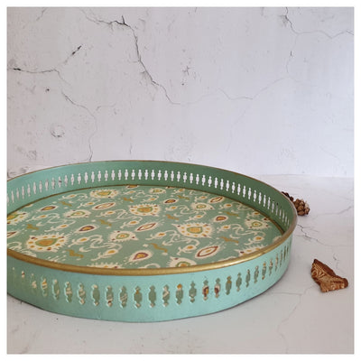 HAND PAINTED - SERVING TRAY ROUND LARGE - IKAT MINT FLORAL