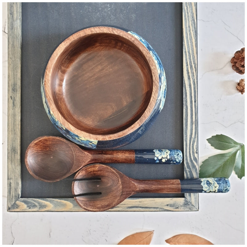 SALAD BOWL - MEDIUM - WOODEN SERVERS - DENIM BLUE FLORAL