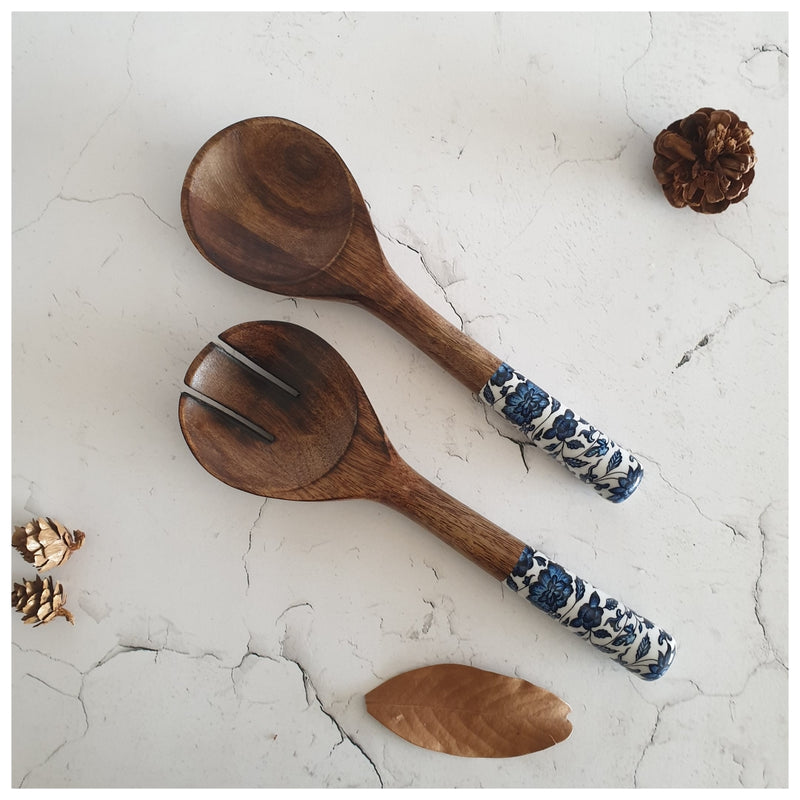 SALAD BOWL - MEDIUM - WOODEN SERVERS - INDIGO BLUE FLORAL