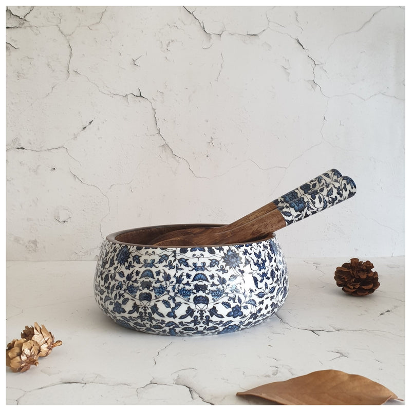 SALAD BOWL - MEDIUM - WOODEN SERVERS - INDIGO BLUE FLORAL