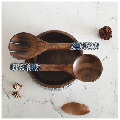 SALAD BOWL - MEDIUM - WOODEN SERVERS - INDIGO BLUE FLORAL