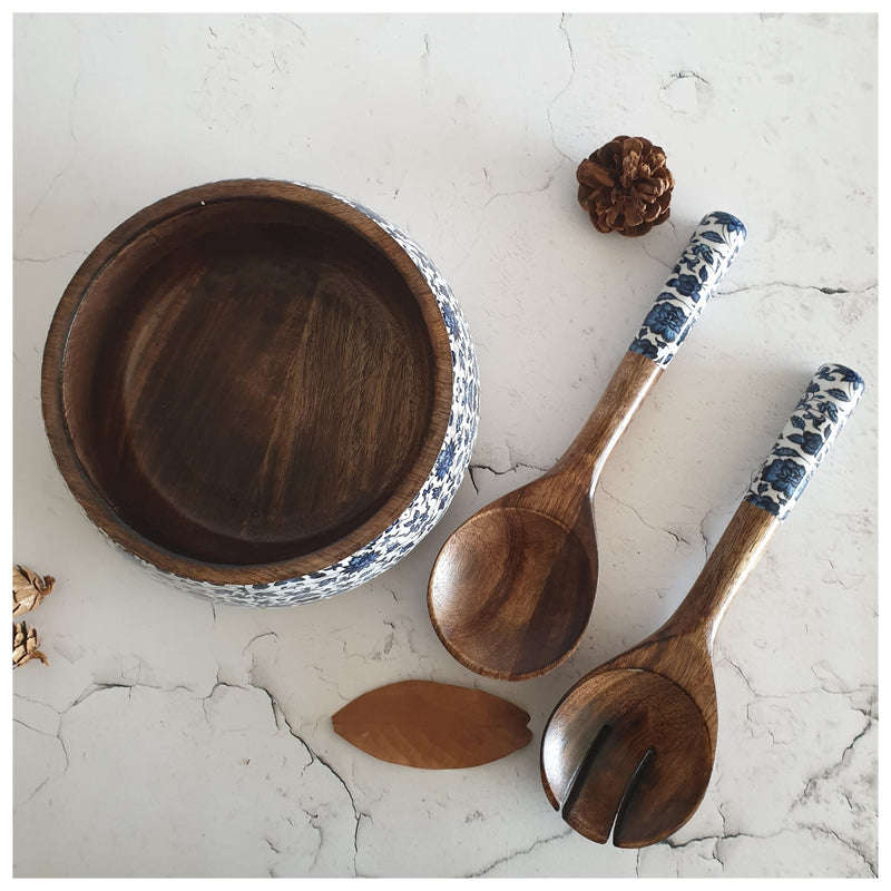 SALAD BOWL - MEDIUM - WOODEN SERVERS - INDIGO BLUE FLORAL