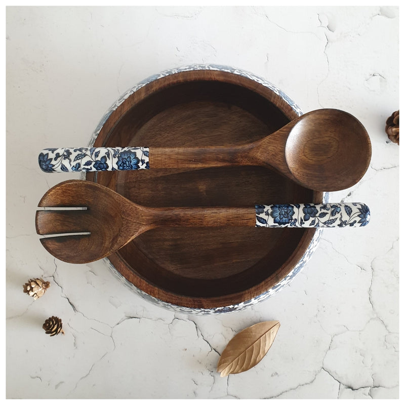 Salad Bowl - Large - Wooden Servers - Indigo Blue Floral