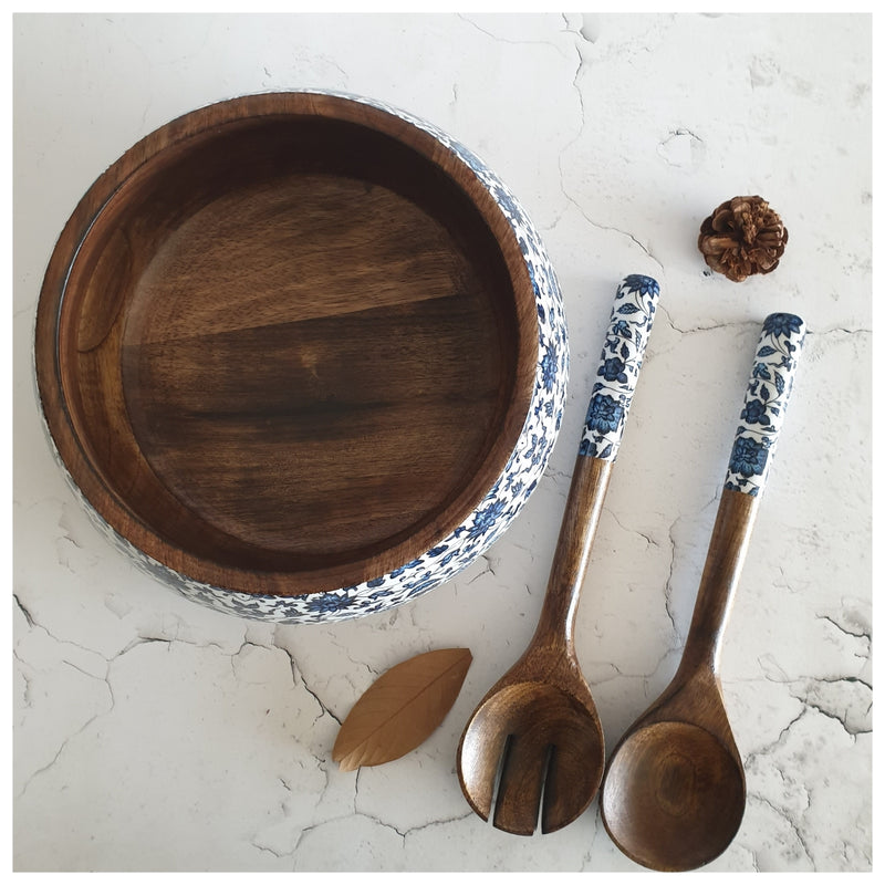 Salad Bowl - Large - Wooden Servers - Indigo Blue Floral