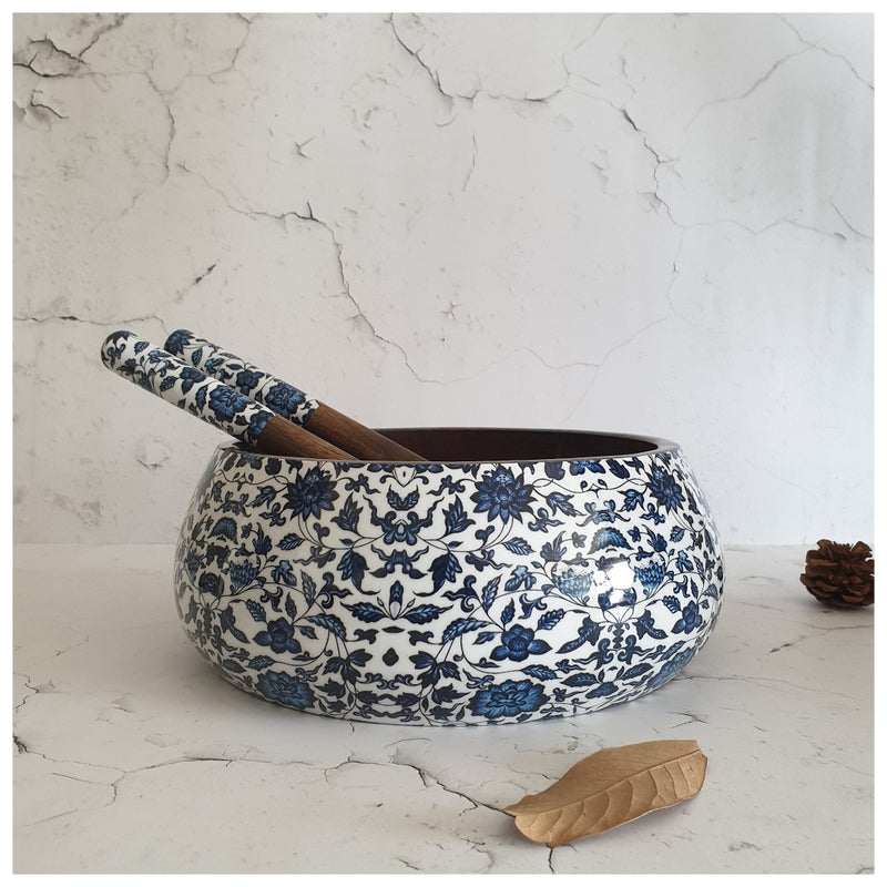 Salad Bowl - Large - Wooden Servers - Indigo Blue Floral