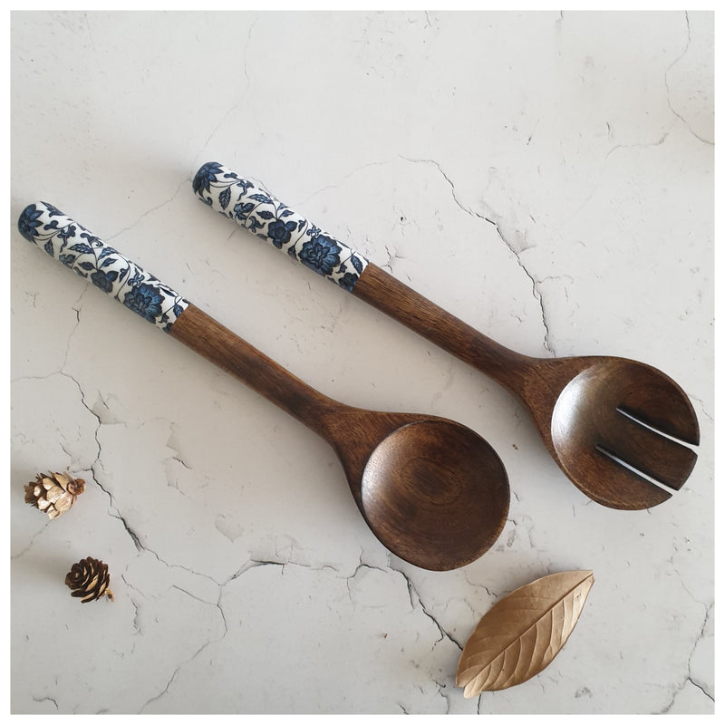 Salad Bowl - Large - Wooden Servers - Indigo Blue Floral