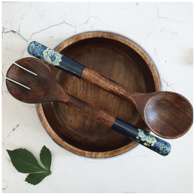 Salad Bowl - Large - Wooden Servers -  Denim Blue Floral