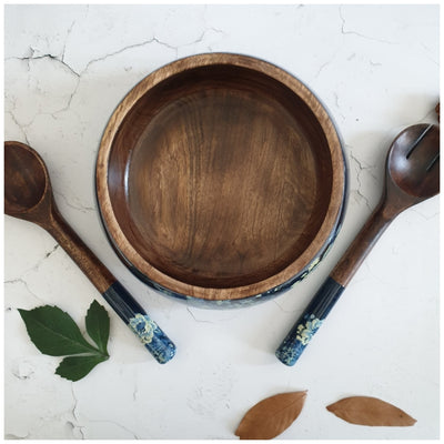 Salad Bowl - Large - Wooden Servers -  Denim Blue Floral