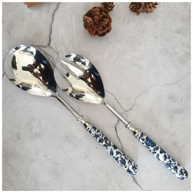 Salad Bowl - Large - Stainless Steel Servers - Indigo Blue Floral