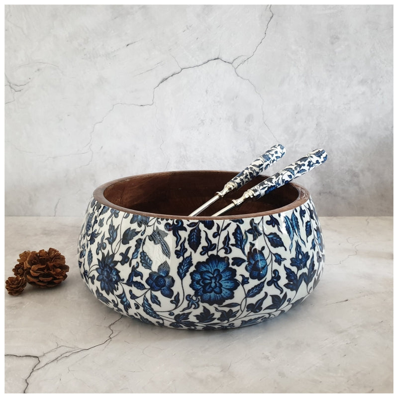 Salad Bowl - Large - Stainless Steel Servers - Indigo Blue Floral