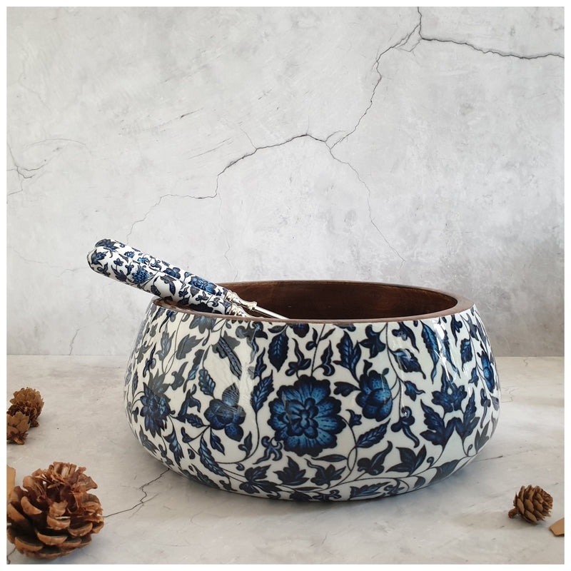 Salad Bowl - Large - Stainless Steel Servers - Indigo Blue Floral