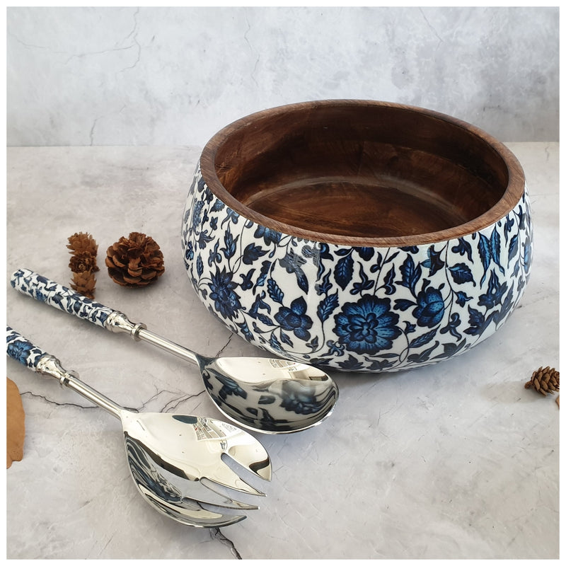 Salad Bowl - Large - Stainless Steel Servers - Indigo Blue Floral